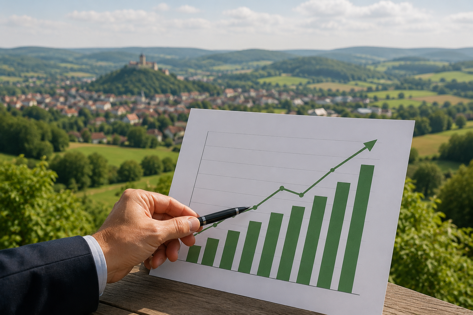 Hand zeigt auf positives Wachstum — Klarheit durch Daten