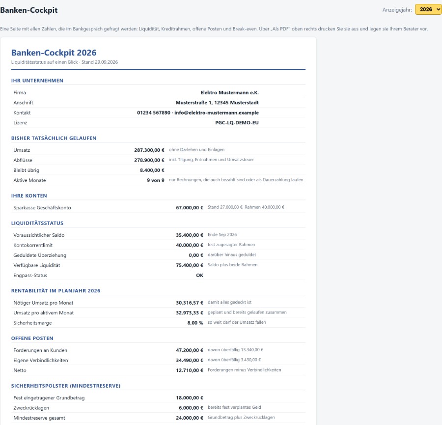 Banken-Cockpit mit Liquiditätsstatus, Kreditrahmen, Rentabilität und offenen Posten